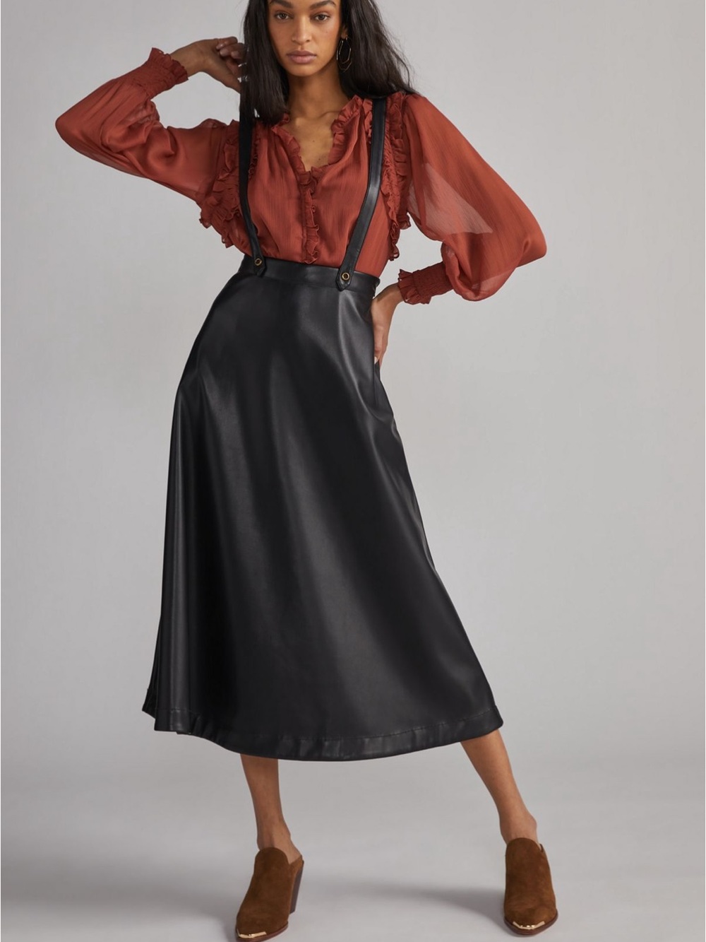 Black Faux-Leather Anthropologie Pinafore Suspender Midi Skirt